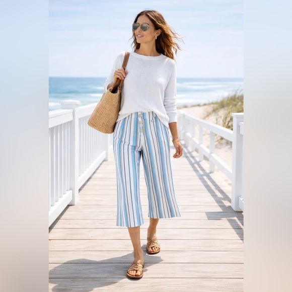 Coco Bianco,Linen/Rayon Cropped Wide-Leg Pants,Stripe Coastal Boho,EUC,Size M - Picture 2 of 9